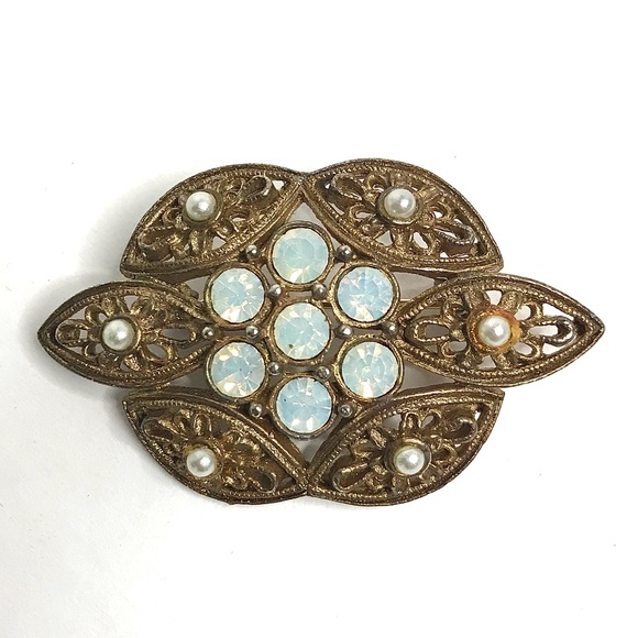 Vintage Jewelry - Art Deco Vintage Brooch SARAHCOV Opal Rhinestones